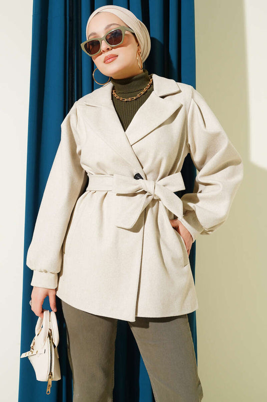 Balloon Sleeve Short Cashmere Coat Beige