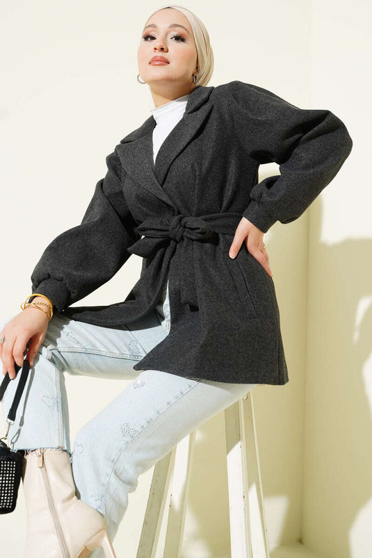 Balloon Sleeve Short Cashmere Coat, Smoke Grey