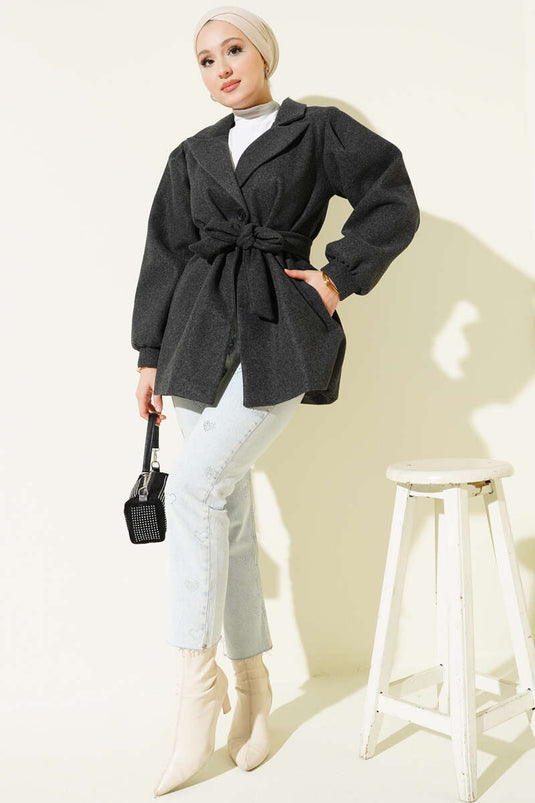 Balloon Sleeve Short Cashmere Coat, Smoke Grey