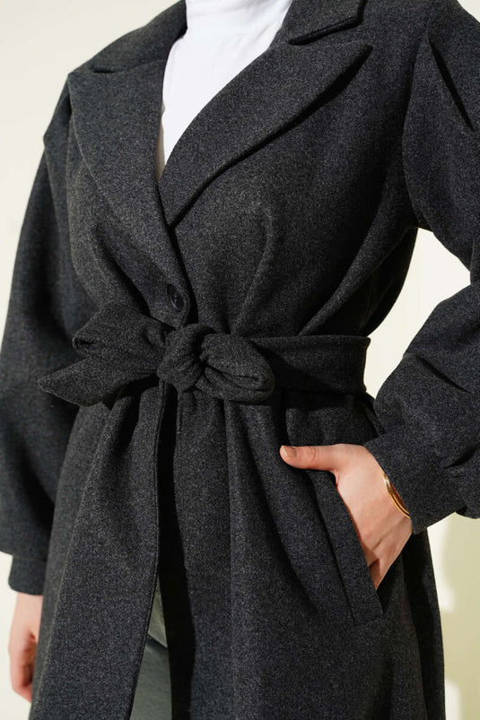 Balloon Sleeve Short Cashmere Coat, Smoke Grey