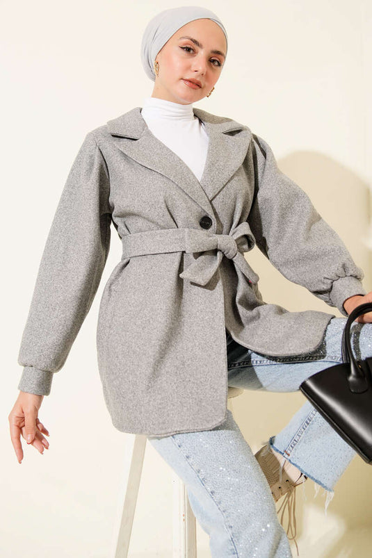 Balloon Sleeve Short Tweed Overcoat Gray