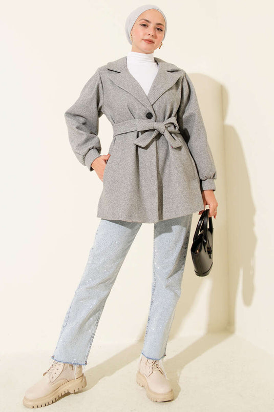 Balloon Sleeve Short Tweed Overcoat Gray