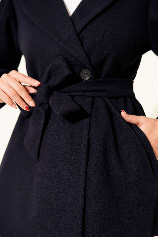Navy Blue Short Tweed Coat with Balloon Sleeves