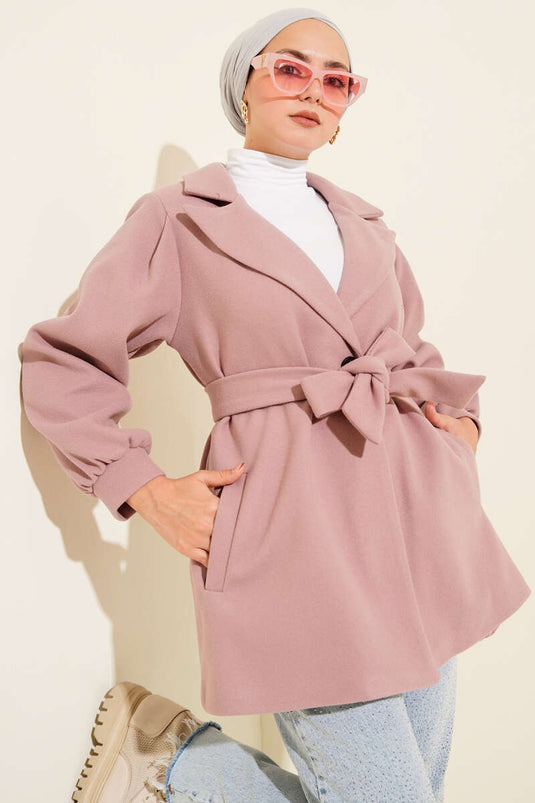 Short Tweed Coat with Balloon Sleeves in Powder