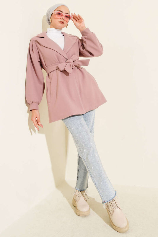 Short Tweed Coat with Balloon Sleeves in Powder