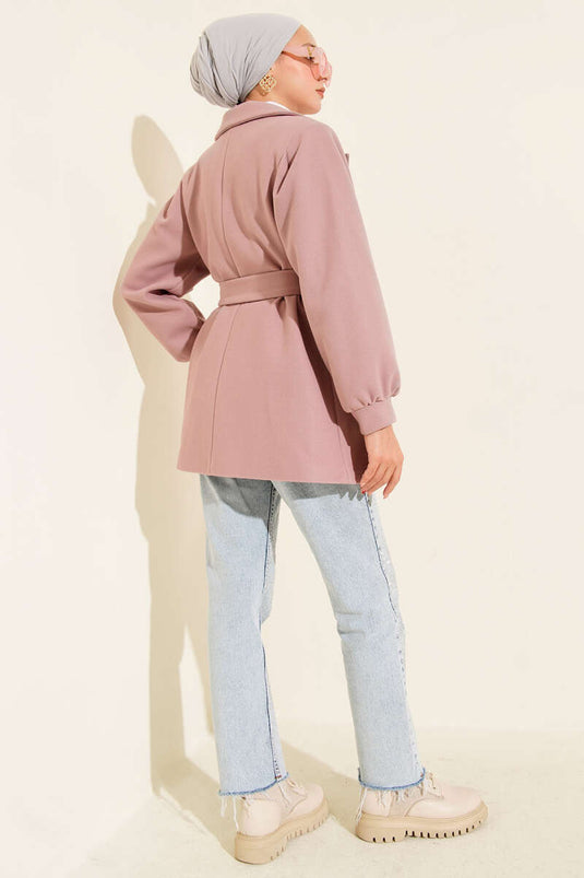 Short Tweed Coat with Balloon Sleeves in Powder