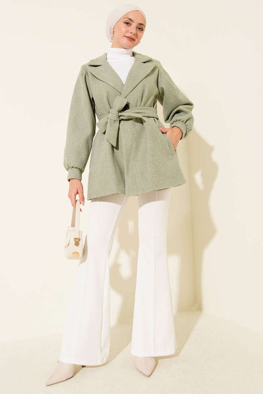 Balloon Sleeve Short Kaşe Overcoat in Water Green