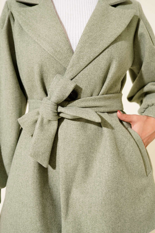 Balloon Sleeve Short Kaşe Overcoat in Water Green