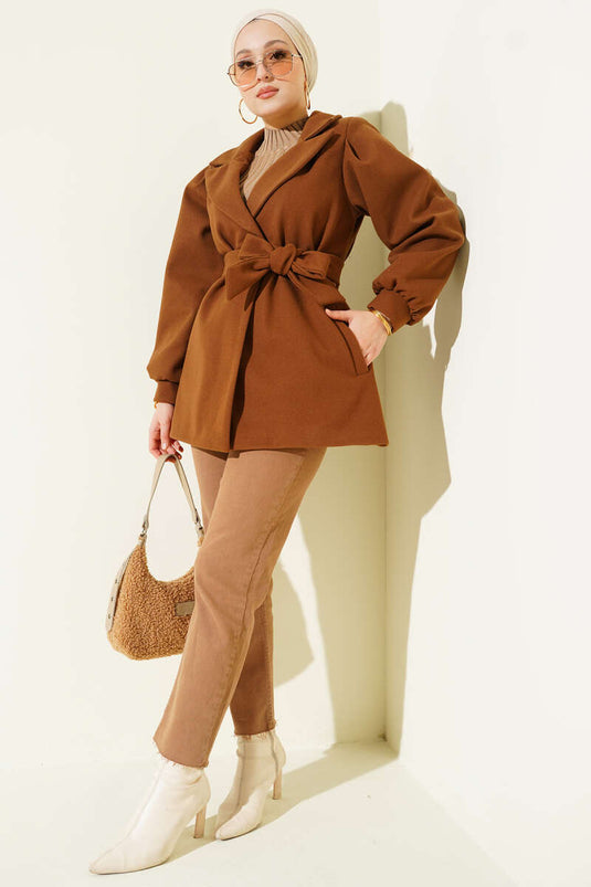 Balloon Sleeve Short Cashmere Coat in Tan