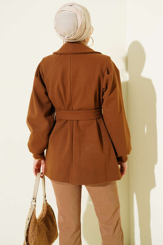 Balloon Sleeve Short Cashmere Coat in Tan
