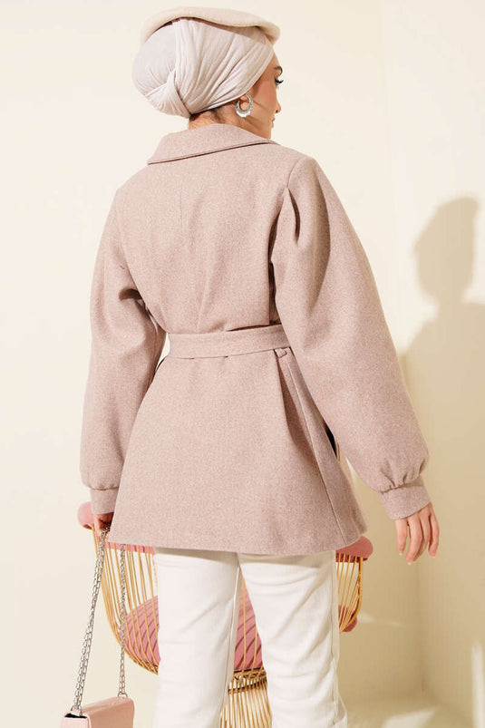 Balloon Sleeve Short Cashmere Coat, Mink