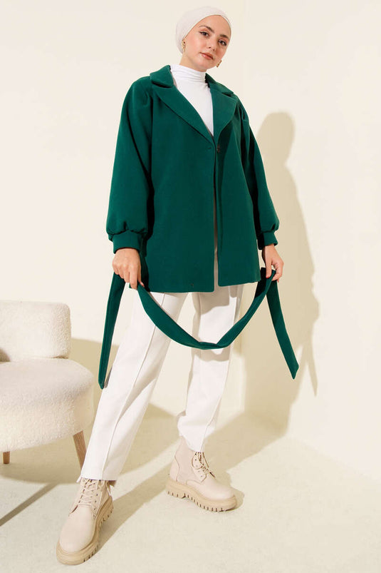 Emerald Short Tweed Coat with Balloon Sleeves