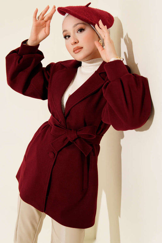 Balon Kol Kuşaklı Kısa Kaban Bordo