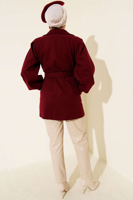 Balon Kol Kuşaklı Kısa Kaban Bordo