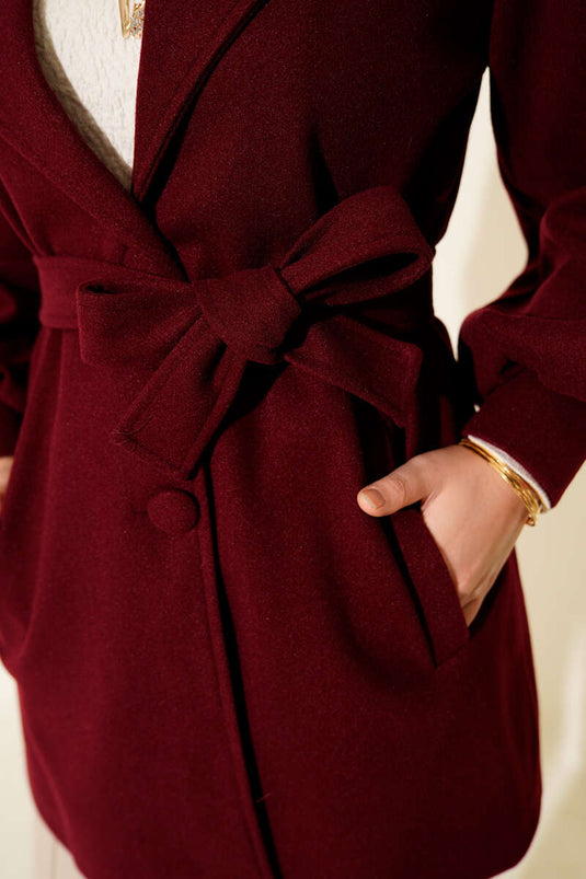 Balon Kol Kuşaklı Kısa Kaban Bordo