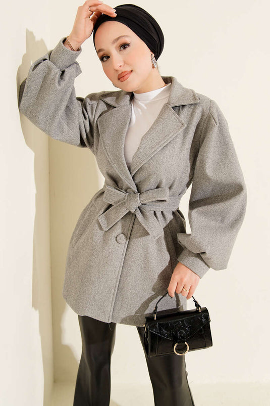 Balon Kol Kuşaklı Kısa Kaban Gri