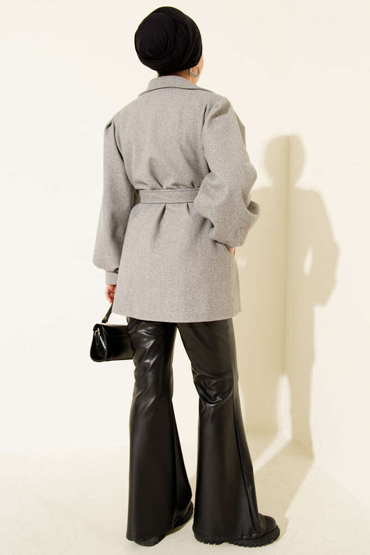 Balon Kol Kuşaklı Kısa Kaban Gri