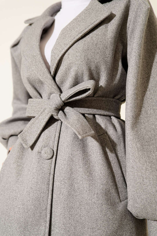 Balon Kol Kuşaklı Kısa Kaban Gri