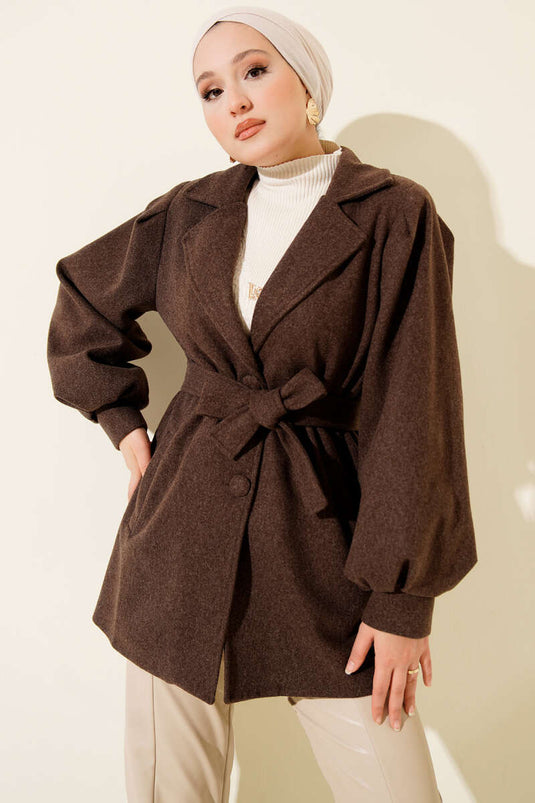 Balon Kol Kuşaklı Kısa Kaban Kahve