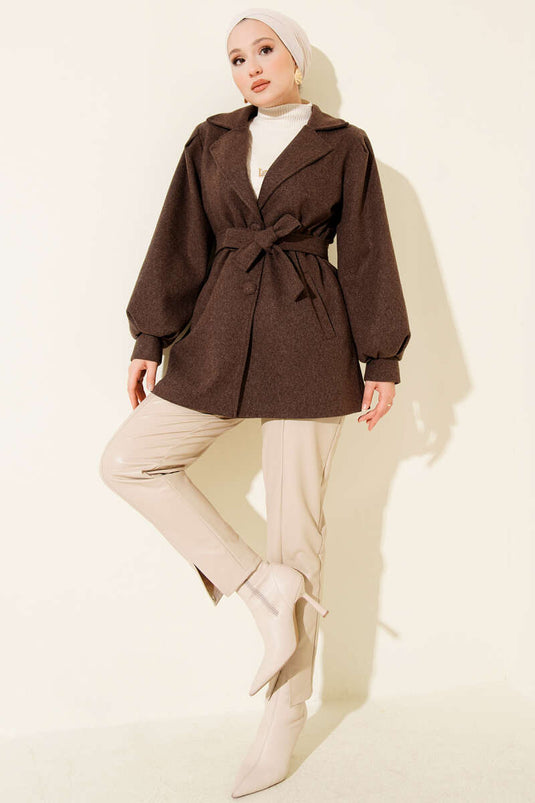 Balon Kol Kuşaklı Kısa Kaban Kahve