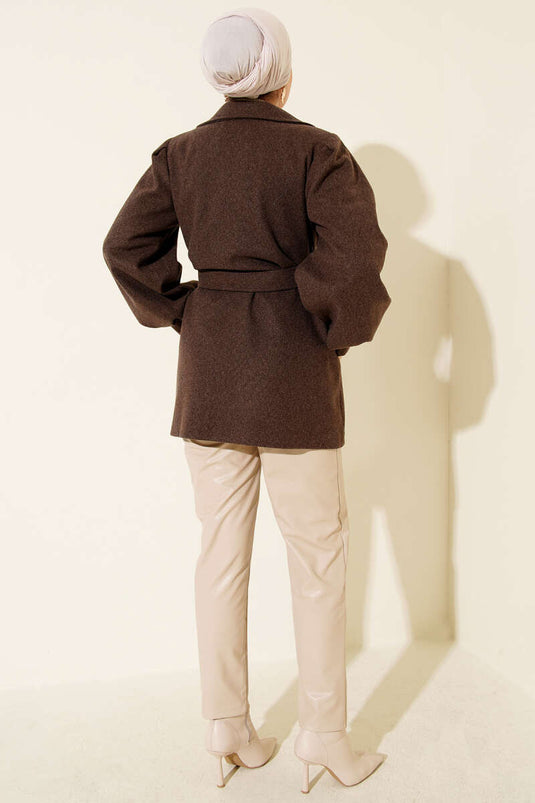 Balon Kol Kuşaklı Kısa Kaban Kahve