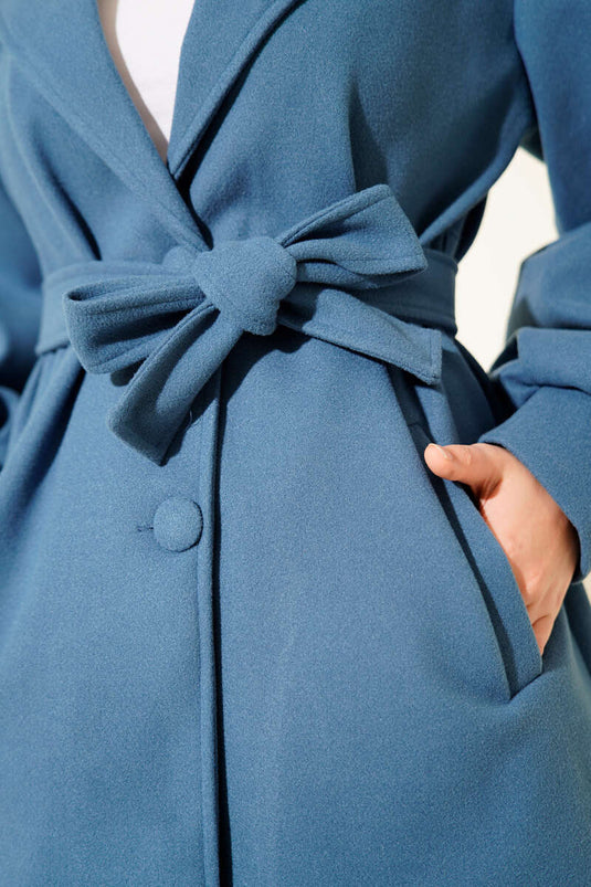 Balon Kol Kuşaklı Kısa Kaban Mavi