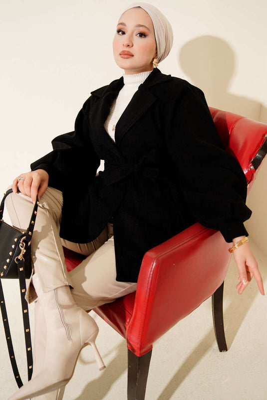 Balon Kol Kuşaklı Kısa Kaban Siyah