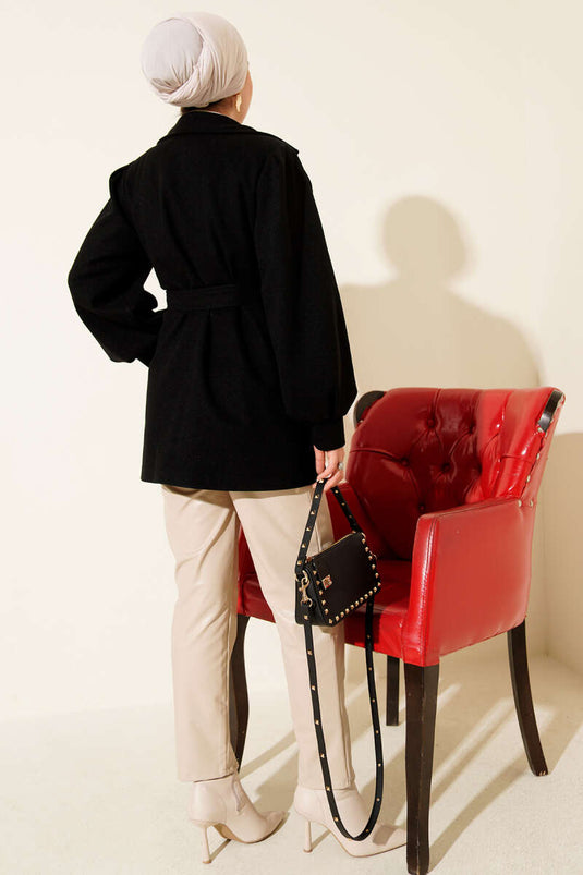 Balon Kol Kuşaklı Kısa Kaban Siyah