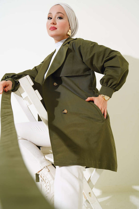 Balloon Sleeve Belted Short Trench Coat Khaki