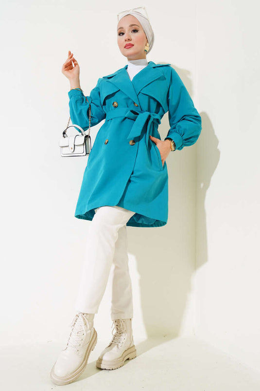 Trench-coat court à manches ballon et ceinture, vert pétrole