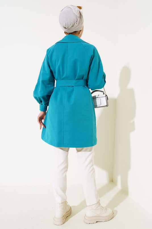Trench-coat court à manches ballon et ceinture, vert pétrole