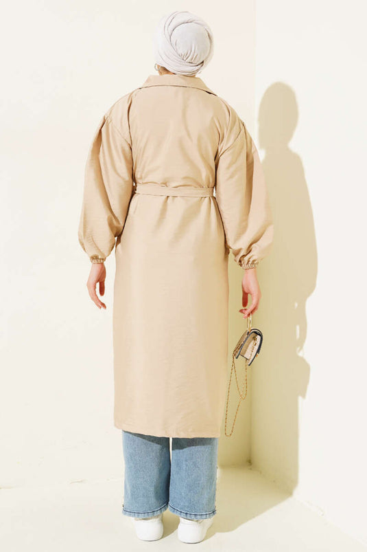 Balloon Sleeve Belted Double-Breasted Coat Beige