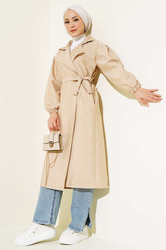 Balloon Sleeve Belted Double-Breasted Coat Beige