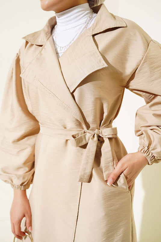 Balloon Sleeve Belted Double-Breasted Coat Beige