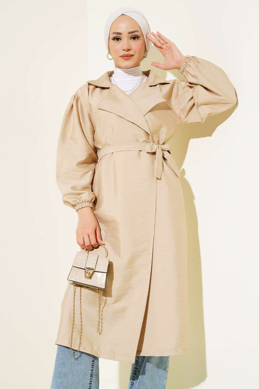 Balloon Sleeve Belted Double-Breasted Coat Beige