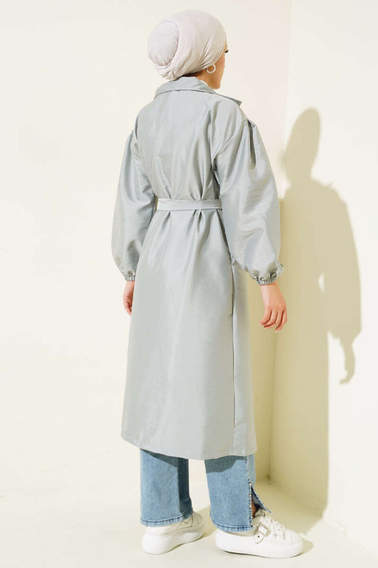 Balloon Sleeve Belted Double-Breasted Coat Gray