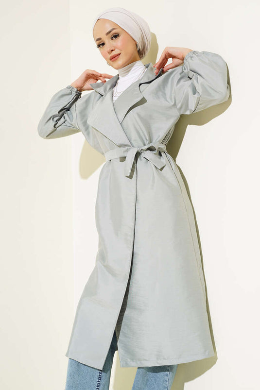 Balloon Sleeve Belted Double-Breasted Coat Gray