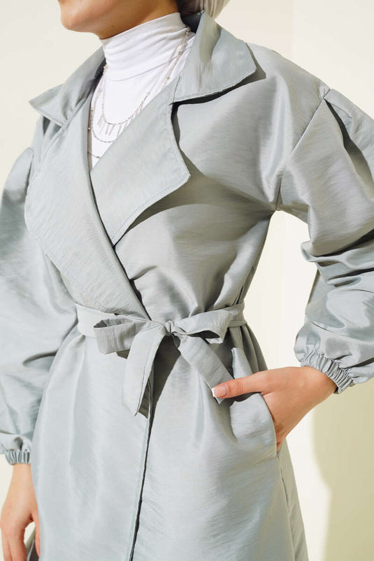 Balloon Sleeve Belted Double-Breasted Coat Gray