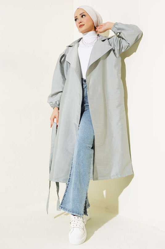 Balloon Sleeve Belted Double-Breasted Coat Gray