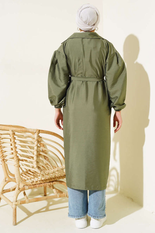 Zweireihiger Trenchcoat mit Ballonärmeln und Gürtel in Khaki