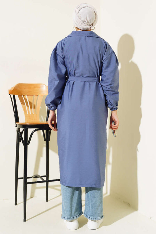 Zweireihiger Trenchcoat mit Ballonärmeln und Gürtel, Indigo