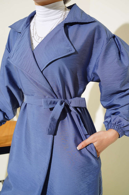 Zweireihiger Trenchcoat mit Ballonärmeln und Gürtel, Indigo