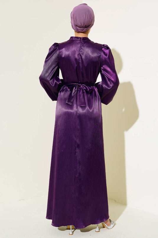 Robe En Satin Ceinturée À Manches Ballon Violet