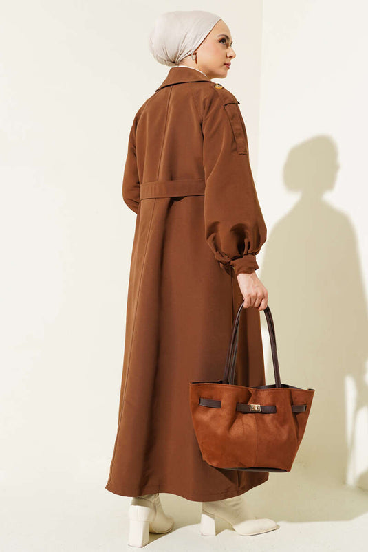 Balloon Sleeve Belted Long Trench Coat Brown