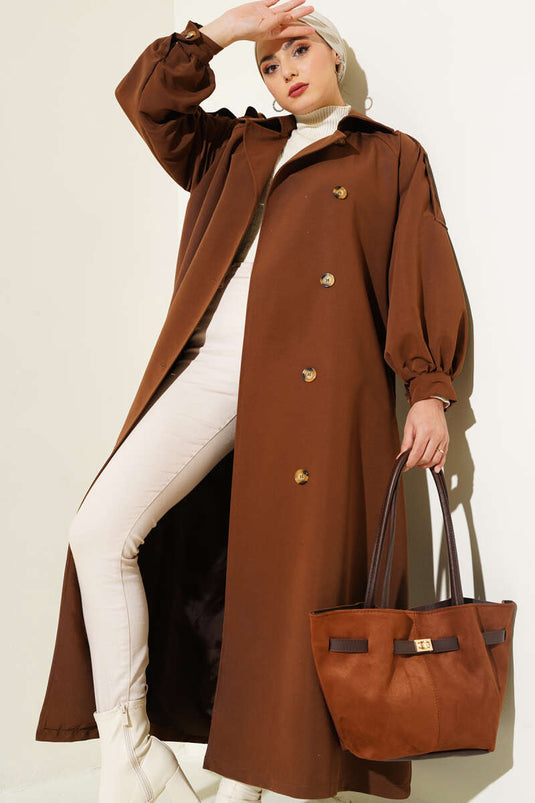 Balloon Sleeve Belted Long Trench Coat Brown