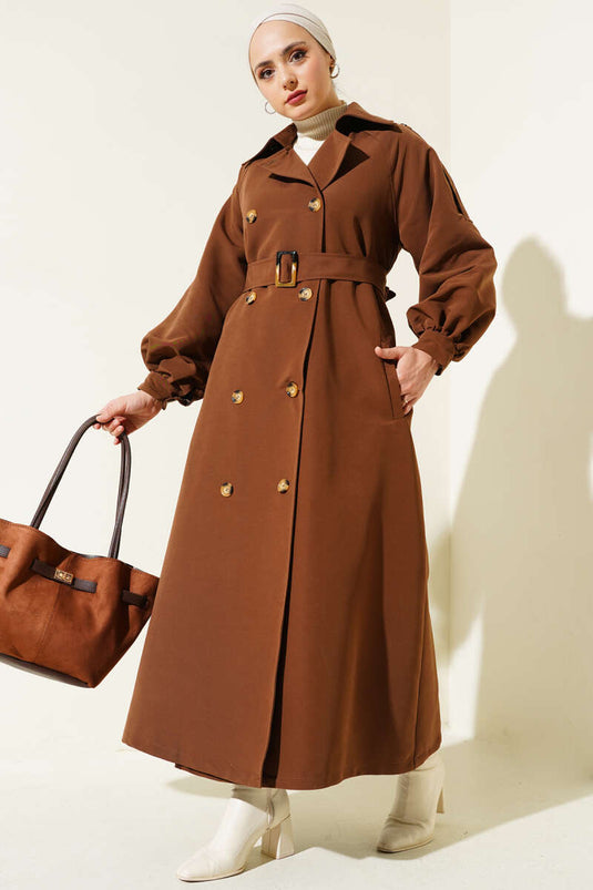 Balloon Sleeve Belted Long Trench Coat Brown