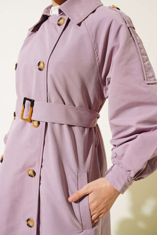 معطف ترنش طويل بأكمام منفوخة وحزام، أرجواني