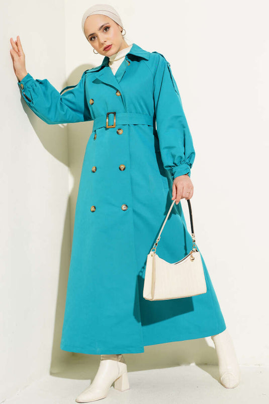 Balloon Sleeve Belted Long Trench Coat Petrol Green