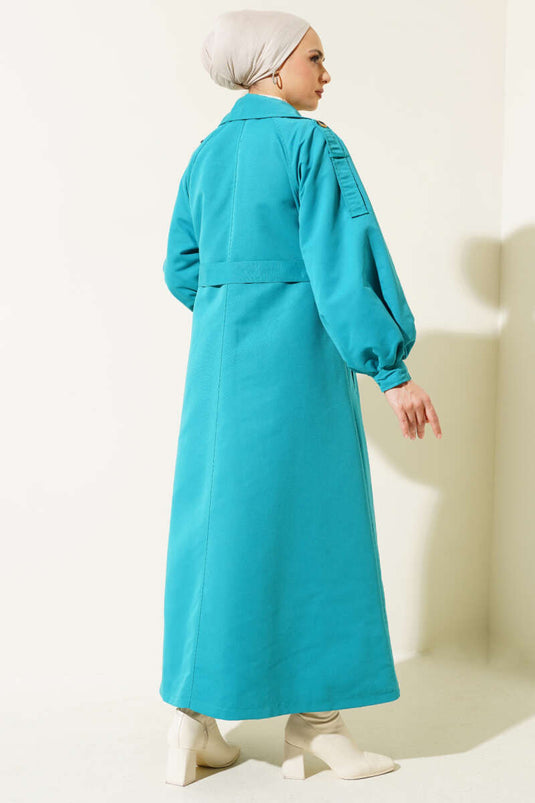 Balloon Sleeve Belted Long Trench Coat Petrol Green