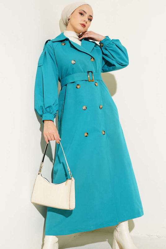 Balloon Sleeve Belted Long Trench Coat Petrol Green